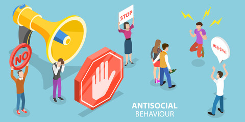 3D Isometric Flat Vector Conceptual Illustration of Antisocial Aggressive Behaviour.