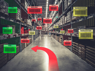 Smart warehouse management system using augmented reality technology to identify package picking and delivery . Future concept of supply chain and logistic business .