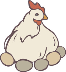 Vector illustration of farm hen with eggs isolated on a white background.