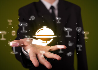 Hand holding food service icon, healthy food delivery concept