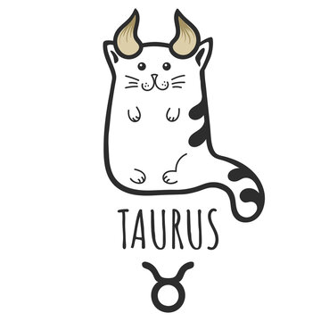 Taurus sign of the zodiac, Cat zodiac, Astrological Sign. Cat horoscope. Zodiac of pets. The hand drawing is isolated on a white background