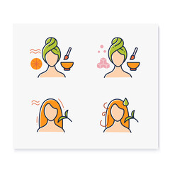 DIY natural skincare color icons set. Consists of facial masks, hair care. Facial beauty treatment. Organic care concept. Isolated vector illustrations