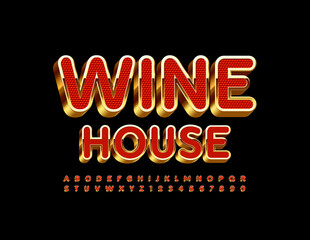 Vector premium banner Wine House. Elite shiny Font. Red and Gold Alphabet Letters and Numbers