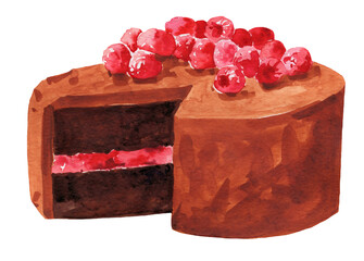Watercolor illustration of delicious chocolate cake with raspberries