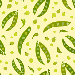 Vector seamless pattern with green peas and pod. Trendy hand drawn vector pattern for stationery, cards, web and phone cases. Summer vegetable background. Healthy food, vegan illustration.