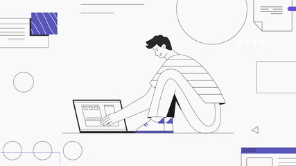 Male character freelancer sitting and works with a laptop, against the background of abstract objects and shapes. Modern flat outline style.