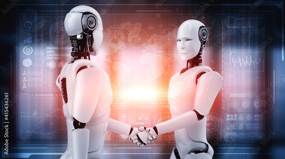Aufkleber 3d rendering humanoid robot handshake to collaborate future technology development by ai thinking br