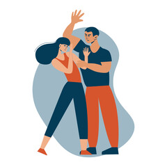 Stop domestic violence. Social issues, abuse and agression on women, harassment and bullying. Violence against woman. Man hitting his wife. Flat illustration, isolated on a white background.