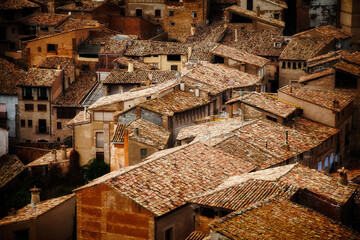 Alquezar ancient village rooftops in the Pyrenees mountains, Huesca , Spain 