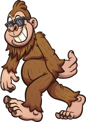 Bigfoot walking and wearing sunglasses. Vector clip art illustration. All on a single layer. 
