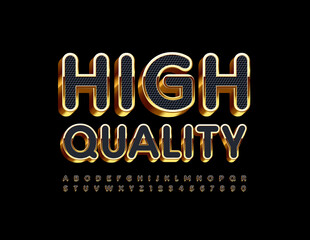 Vector premium badge High Quality. Textured elite Font. Black and Gold 3D Alphabet Letters and Numbers set