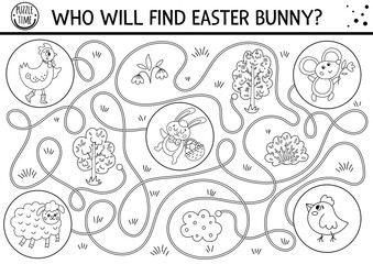 Easter black and white maze for children. Holiday preschool printable educational activity. Outline spring garden game or coloring page with cute animals. Who will find Easter bunny? 