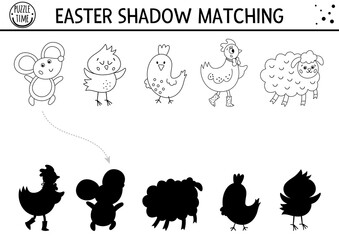Fototapeta na wymiar Easter black and white shadow matching activity for children. Outline spring puzzle with cute farm animals. Holiday celebration educational game for kids. Find the correct silhouette .