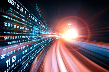 Digital data flow on road with motion blur to create vision of fast speed transfer . Concept of...