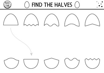 Easter black and white matching activity for children. Outline spring puzzle with eggs. Holiday celebration game, printable worksheet or coloring page for kids. Find the halves .