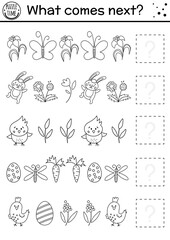 What comes next. Easter black and white matching activity for preschool children. Funny holiday puzzle. Outline logical worksheet. Continue the row. Simple spring game for kids.