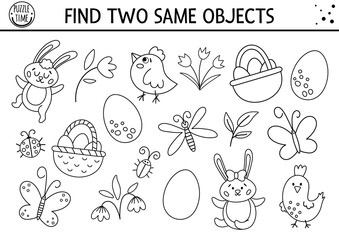 Fototapeta premium Find two same objects. Easter black and white matching activity for children. Funny spring educational logical quiz worksheet for kids. Simple printable game with cute bird, egg, bunny, basket