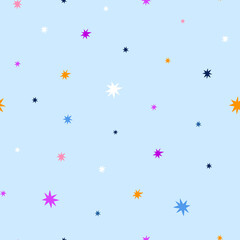 Seamless pattern with colourful stars on blue background.