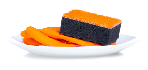 White clear plate with cleaning sponge, gloves on white background isolation