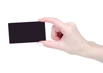 Blank paper business card in hand on white background isolation