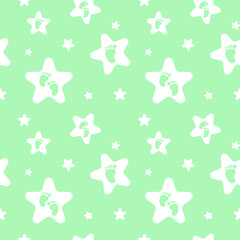 Seamless pattern with white stars and baby feet on green background. Funny cute endless backdrop vector illustration	