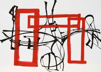 A dynamic calligraphic abstraction, with cola pen (black lines) and brush (red lines). - 415441681