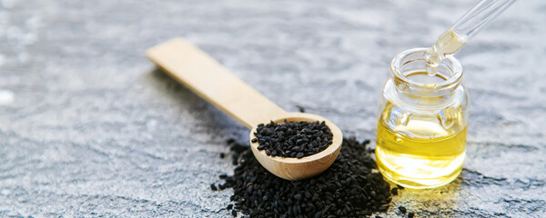 essential oil of black cumin.selectiv focusb nature food