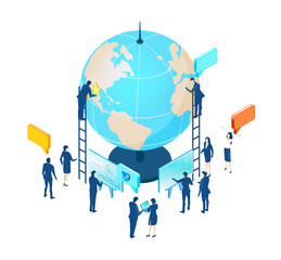 Isometric 3D business environment. Business management. Isometric  space with  business people work around globe as symbol of generating fresh content and new ideas. Infographic illustration