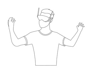 Coloring man wearing virtual reality goggle glasses headset. Touching vr interface. Future technology. Man using virtual reality simulator. Modern innovative technologies