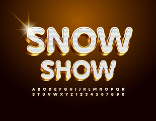 Vector chic poster Snow Show. 3D Gold and White Font. Luxury Alphabet Letters and Numbers set