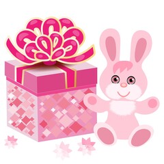 pink bunny with a gift box. a greeting card. children's poster.