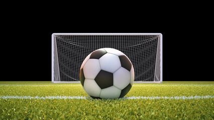 Soccer ball and goal net with lawn and black background with clipping mask included.