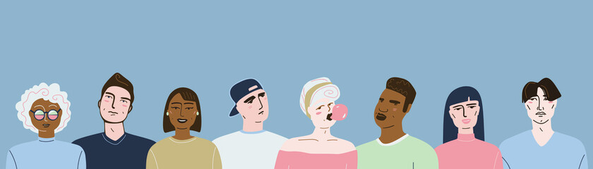 Vector illustration, isolated casual people, portrait of multiethnic people, young people of different nationalities stand in a row.