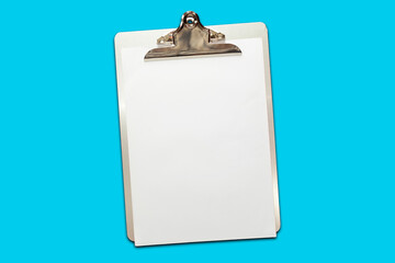 Classic metal clipboard with blank white paper isolated