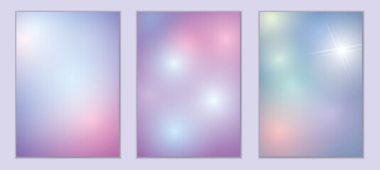 Set of geometric backgrounds in A4 format. The covers are soft pink, blue, purple. Colored highlights.