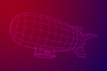 Airship dirigible airway travel transport. Air ship with gondola cabin. Wireframe low poly mesh vector illustration.