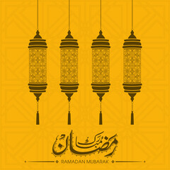 Arabic Calligraphic text of Ramadan Mubarak for the Muslim community festival celebration.	
