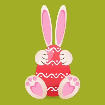Cute bunny holdind egg. Easter holiday vector illustration.
