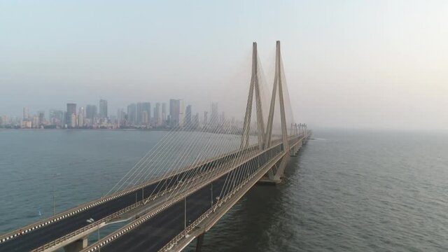 An aerial drone shot of the Bandra Worli Sea link during Covid-19 lockdown in Mumbai,India