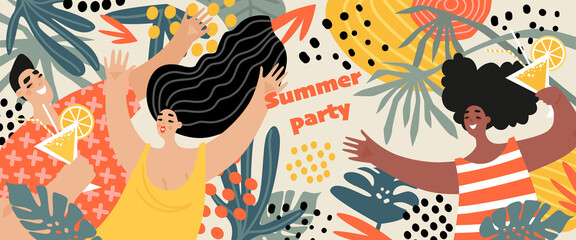 Vector summer party banner with cheerful young people drinking cocktails and dancing on the background of tropical plants