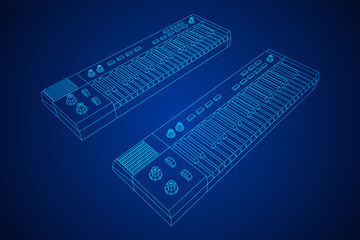 Piano roll analog synthesizer faders buttons knobs. Wireframe low poly mesh vector illustration.