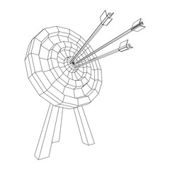 Archery target. Arrows hit round target goal concept. Wireframe low poly mesh vector illustration