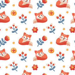 Seamless cute vector animal and floral patern with foxes, flowers, plants, berries