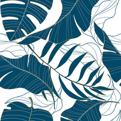 Fototapeta na wymiar Tropical blue leaves on a white background with a gold outline.