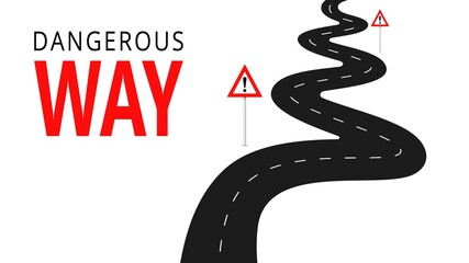 Winding road with dangerous turns. Black asphalt curve path with white dotted line markings and red warning triangular vector signs. © IRYNA