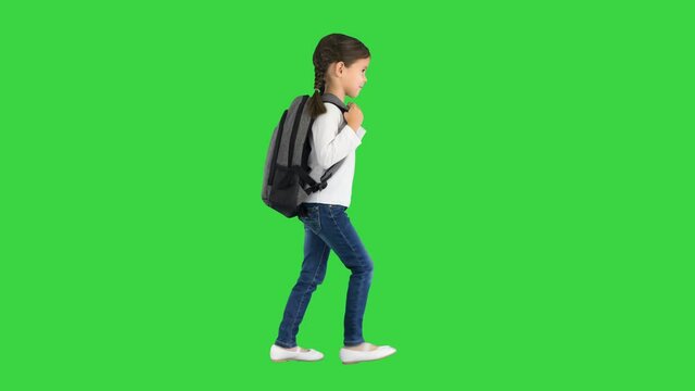 Smiling little girl walking to school with a backpack on a Green Screen, Chroma Key.