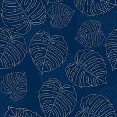 Fototapeta premium Luxurious tropical leaves with golden outline on a dark blue background.