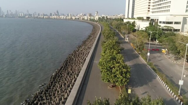 An aerial drone shot of Marine drive during Covid-19 lockdown in Mumbai, India