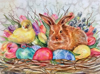 Watercolor little brown rabbit is sitting in the basket. Easter bunny and yellow chick, decorative  eggs blue, green, red.  Horizontal view, copy-space. Template for designs , card, wallpaper.