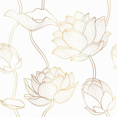 Luxury lotus seamless wallpaper design vector, Gold lotus line flowers seamless pattern for packaging background, print - 415449832